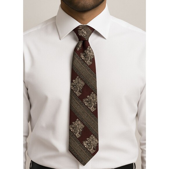 Vintage Robert Talbott Silk Tie Mens Burgundy Greek Key Column 90s Made in USA - Picture 1 of 10